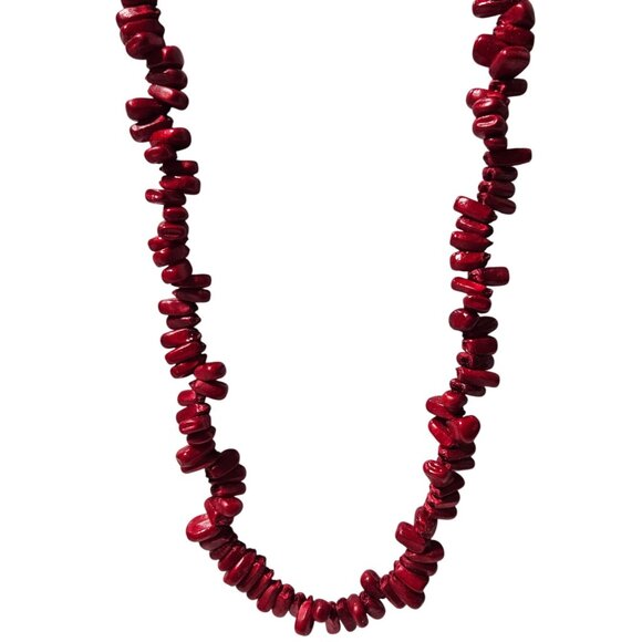 Red Coral Chip Bead Necklace Black Suede Tie Closure Handmade Jewelry - Picture 1 of 5